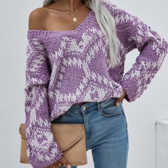 Boho V neck popcorn sweater top - Picture 3 of 9